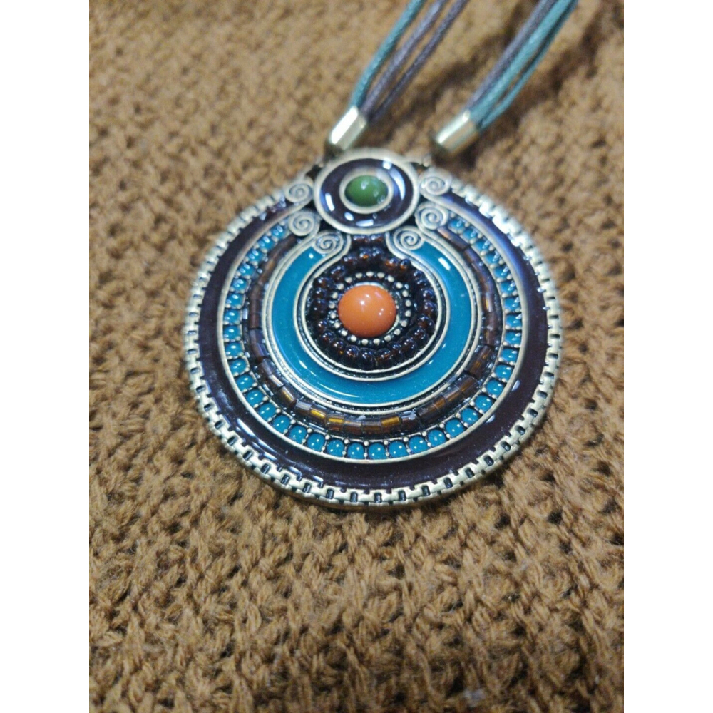 Large Medallion Necklace on 3 color cord, Boho, Medieval, unique